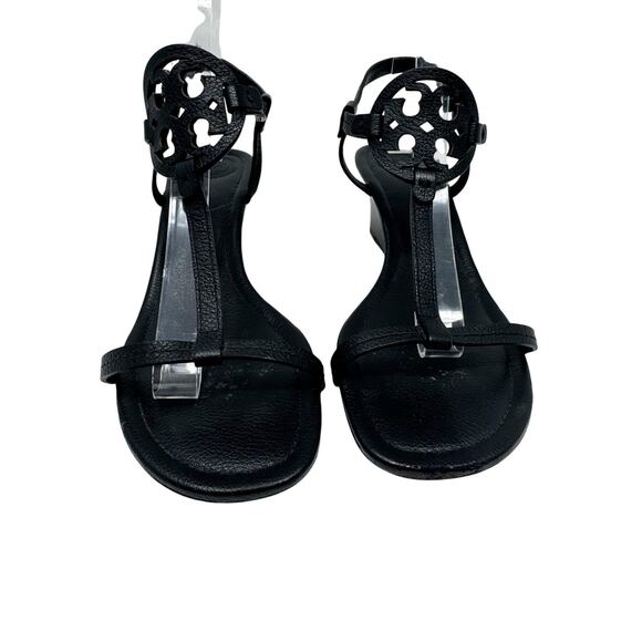 Tory Burch Miller Wedge Heels Sandals Black Leather Logo Sandals Size 8.5 - Picture 2 of 6